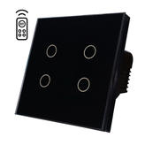 کلید ریموتدار 4 پل مشکی شیشهای، کنترل چهار چراغ به طور همزمان با ریموت. مناسب اتوماسیون خانگی و فضاهای مدرن با عملکرد حرفهای.