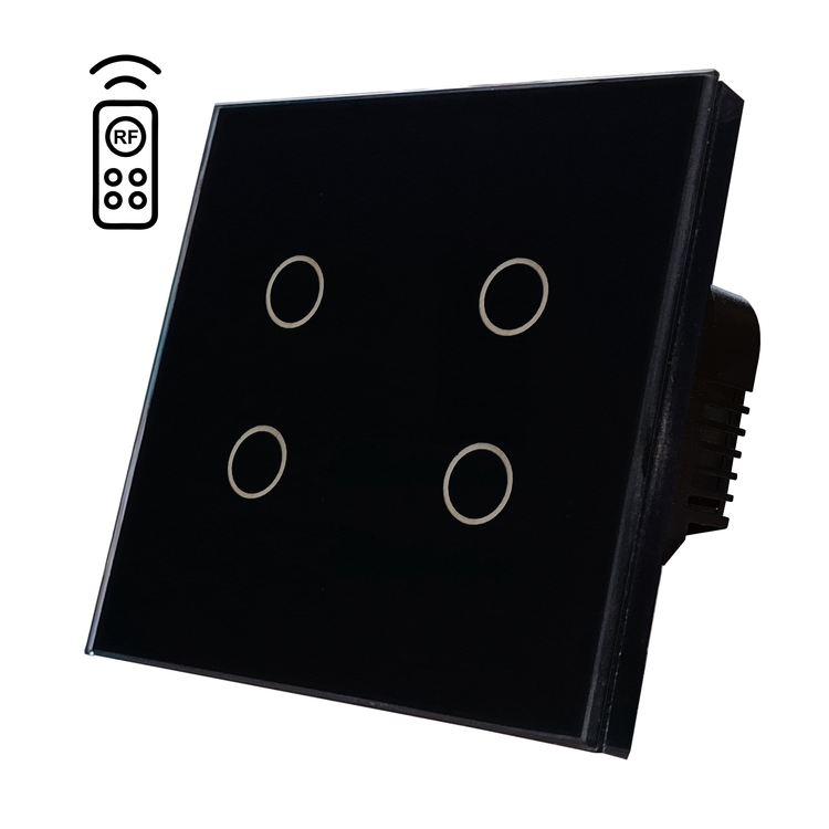 کلید ریموتدار 4 پل مشکی شیشهای، کنترل چهار چراغ به طور همزمان با ریموت. مناسب اتوماسیون خانگی و فضاهای مدرن با عملکرد حرفهای.